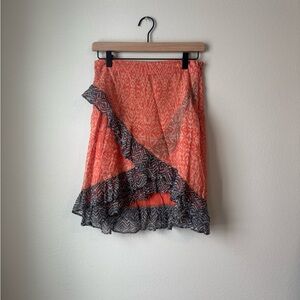 Free People Asymmetrical Ruffle Skirt in Orange and Navy NWT